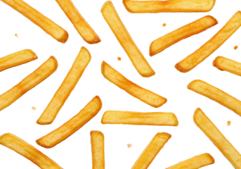 Multiple golden-brown, crispy French fries artfully scattered on a transparent studio background with copy space, showcasing appetizing texture and vibrant colors, concept for fast-food advertising