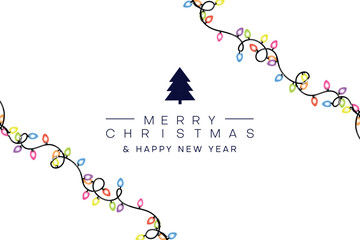 Merry Christmas and Happy New Year background with colorful Christmas glowing garland ornaments and festive holiday decorations. Perfect seasonal vector illustration for invitations, etc.