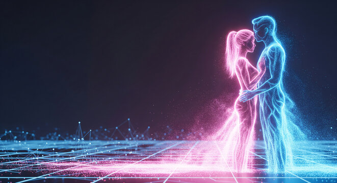 Beautiful stunning futuristic couple in love against purple blue background. Neon colors holographic cyberpunk futurism.