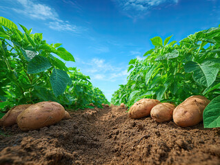 Freshly harvested potatoes nestled in soil between green potato plants
