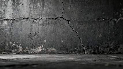 Dark, distressed concrete wall and floor meeting at a low angle perspective creating a somber room background