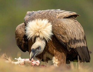 A vulture, with ruffled neck feathers, feeding on bloody prey in a field, captured up-close on a sunny day