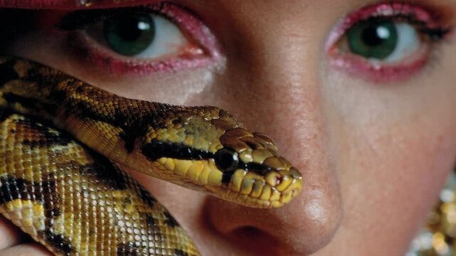 Woman holding snake closeup exotic dramatic portrait captured with rich cinematic detail emotional atmosphere and striking depth creating a compelling visual moment ideal for branding advert