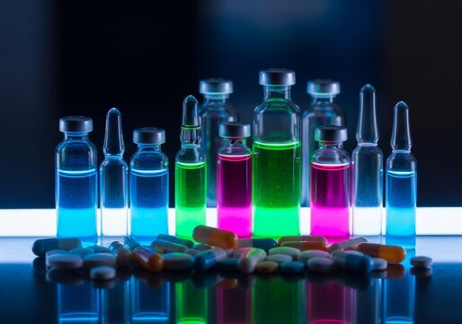 Futuristic medical vials glowing neon cyan and pink surrounded by pills scattered on reflective surface. Science fiction pharmaceutical concept perfect for biotechnology articles, drug research news