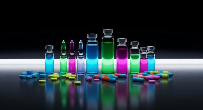 Futuristic medical vials glowing neon cyan and pink surrounded by pills scattered on reflective surface. Science fiction pharmaceutical concept perfect for biotechnology articles, drug research news