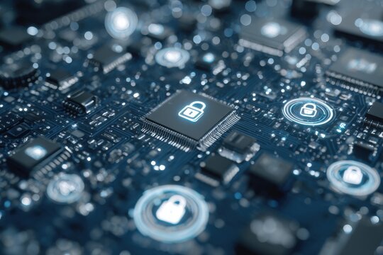 Secure technology circuit board with glowing lock icons