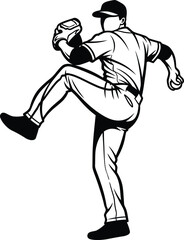 Fototapeta premium Isolated black and white illustration of a baseball pitcher in the middle of a windup motion before throwing the ball