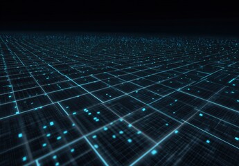 Expansive digital grid with glowing blue nodes receding into darkness