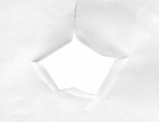 Ragged hole in paper with torn edges facing inwards on  transparent background.