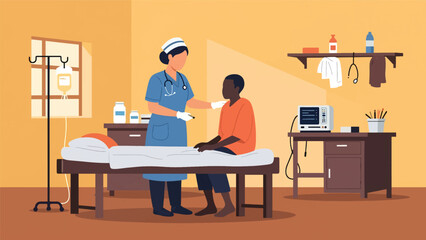 Health worker providing medical care in African small clinic. Suitable for humanitarian work, health access, and community support themes