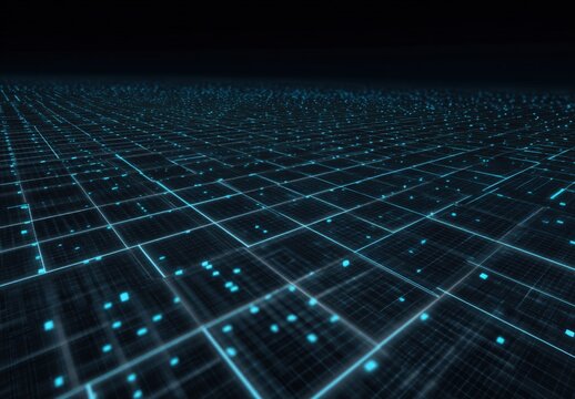 Expansive digital grid with glowing blue nodes receding into darkness