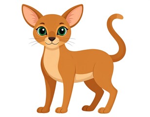 Obraz premium Cartoon Abyssinian cat large ears, green eyes, amber fur, slim build, standing, curved tail, cute, simple, vector