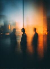 Three blurry figures silhouetted against a warm glowing sunset