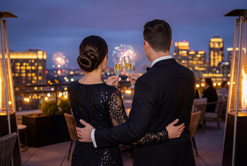 A couple embraces on a rooftop, toasting with champagne as they watch fireworks illuminate the city skyline at dusk, with outdoor heaters providing warmth. 