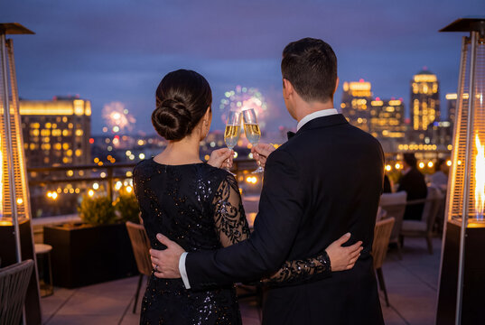 A couple embraces on a rooftop, toasting with champagne as they watch fireworks illuminate the city skyline at dusk, with outdoor heaters providing warmth.