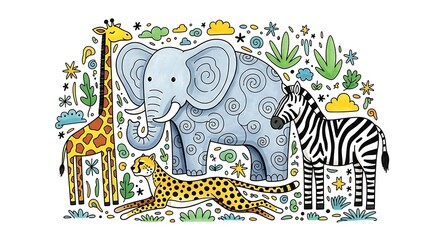 Naklejka premium Whimsical cartoon safari animals illustration with a happy giraffe, elephant, zebra, and cheetah, surrounded by playful jungle elements and stars.