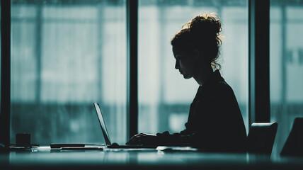 Silhouetted Woman Working at Laptop in Quiet Office