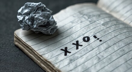 An open, aged notebook with pen-written XOXO; crumpled paper sits nearby