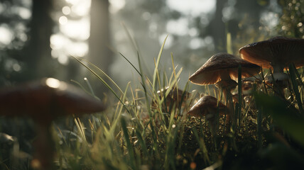 Soft Morning Light Over Mushrooms in Grass