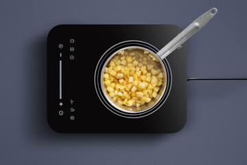 Diced apples are simmering in a pot on an induction stove. The cooking process takes place in a sleek, modern kitchen with a stylish design.