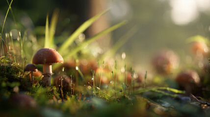 Sunlit Forest Floor Mushrooms: Golden Light, Moss, and Dewy Grass