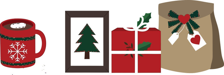 Cozy Christmas with gifts, hot chocolate, and tree art