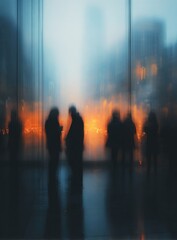 Silhouettes of people in a blurry, glowing urban scene at dusk