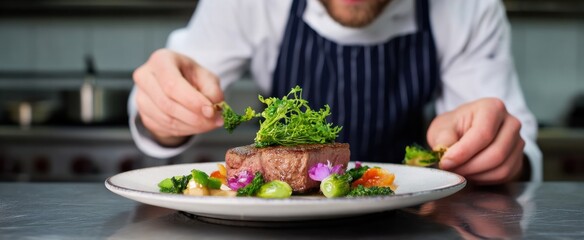 skilled chef artfully plating a exquisite gourmet dish in a bustling commercial kitchen