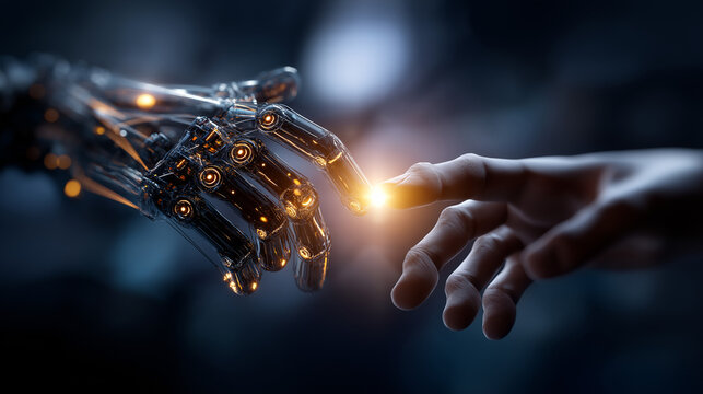 Robotic hands holding global network and quantum computing power defocused digital background superposition algorithms automation encryption modeling processing technology intel