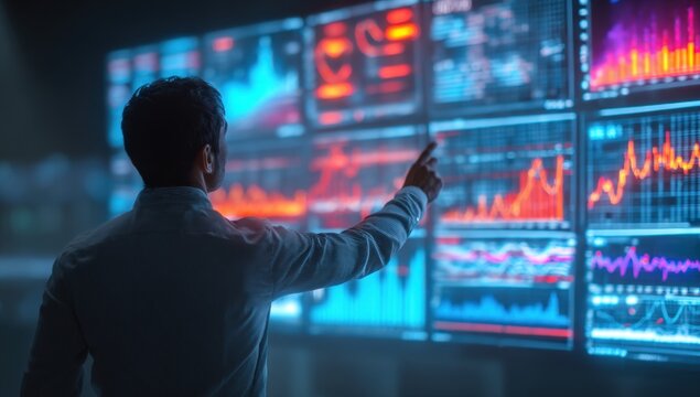 A man points at a large wall of colorful financial charts and data visualizations - Powered by Adobe