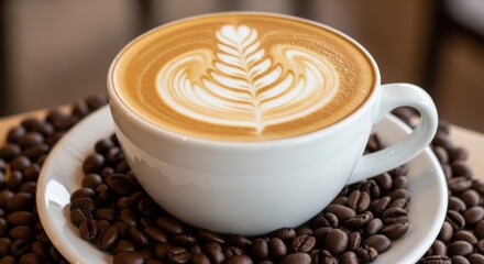 Perfect latte with detailed art and aromatic coffee beans