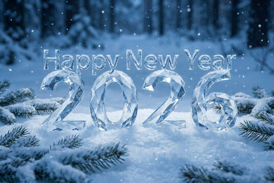 Happy new year 2026 ice sculpture in snowy forest