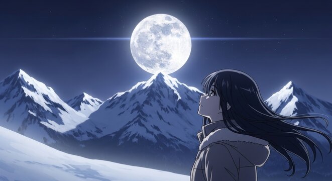 Anime girl gazes at full moon over snowy mountains winter night - Powered by Adobe