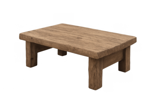 Rustic wooden coffee table creating a minimalist organic interior concept on transparent background