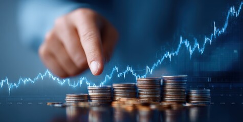 Hand points at rising stacks of coins with blue financial graph