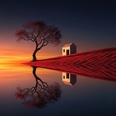 Surreal Landscape Reflection with Tree and House