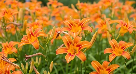 Orange lilies bloom vibrantly in a sunny garden meadow.