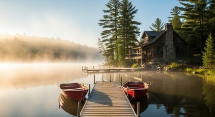 Misty Morning on a Calm Lake with Rustic Cabin and Rowboats