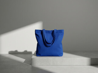 Blue Tote Bag Mockup on Pedestal with Shadows