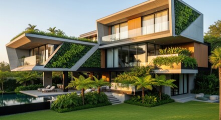 Fototapeta premium Modern luxury tropical house with green roofs and swimming pool