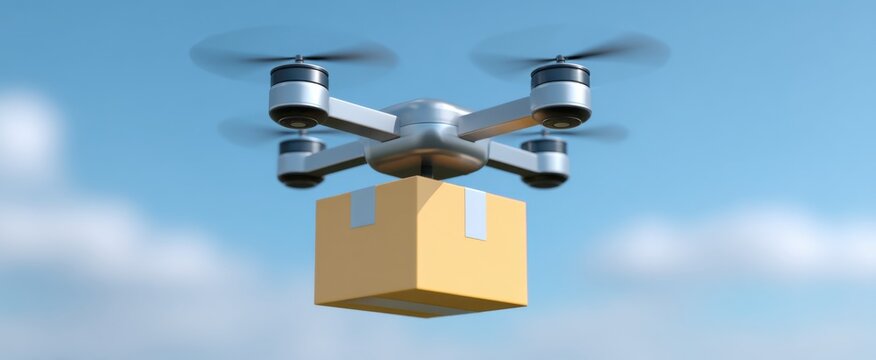 Delivery drone carrying a package across the clear open sky.