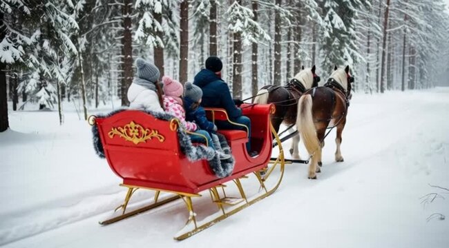 Horse-drawn sleigh ride through snowy forest
