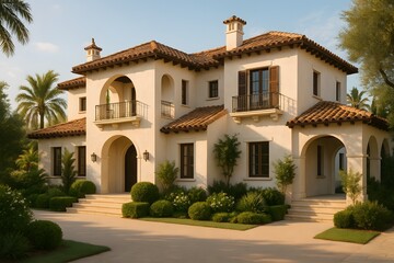 Fototapeta premium Mediterranean Luxury Villa Exterior with White Stucco Walls and Terracotta Roof in Warm Sunlight
