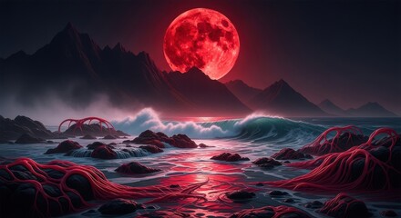 Giant Red Moon Over Dark Mountains and Eerie Ocean Landscape