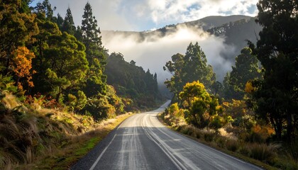 Winding asphalt road ascends through a forest, leading toward misty mountain peaks, illuminated by sunlight. Autumnal colors brighten the foliage