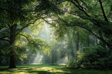 Obraz premium Sunlit forest clearing with ancient trees and dappled light filtering through