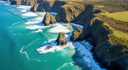 Aerial view of dramatic sea stacks and rugged coastline