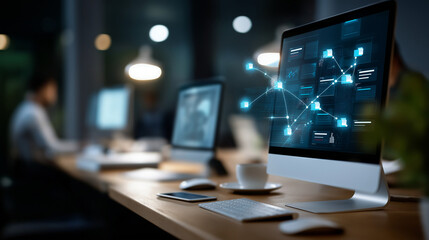 Automation streamlines business process management workflow integration resource planning defocused enterprise software background enabling efficient data transfer system flow