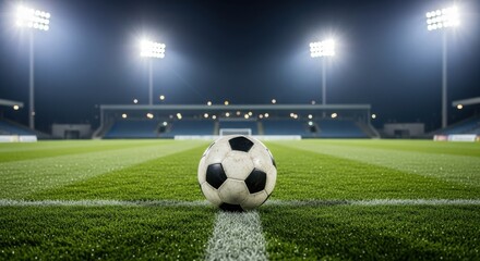 Soccer Ball on Green Pitch at Night Stadium with Bright Lights