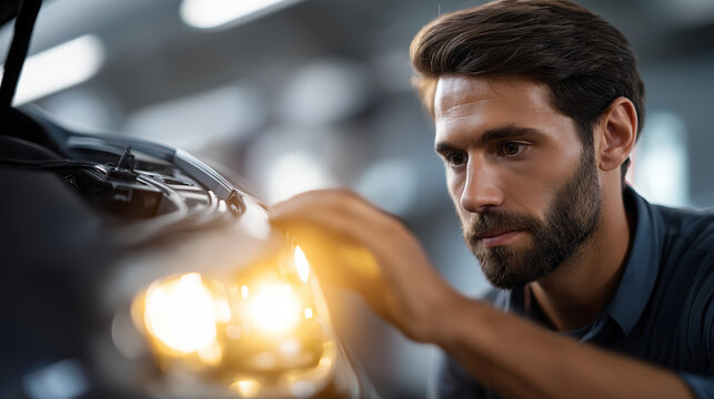 Automotive technician carefully repairing adjusting vehicle headlight faceless professional defocused professional garage background maintenance service scene mechanical precis